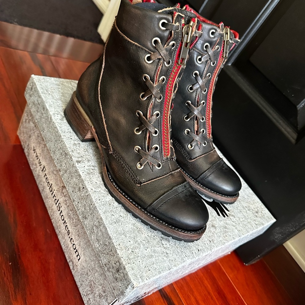 Freebird Dark Brown Combat Boots with Red Trim